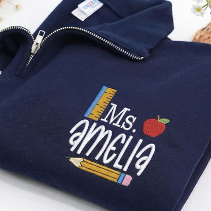 Custom Embroidered Teacher Quarter Zip Sweatshirt with Name, Elementary Teacher Sweaters, Back to School, Gifts for Teachers Graduating