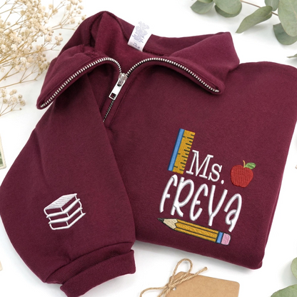 Custom Embroidered Teacher Quarter Zip Sweatshirt with Name, Elementary Teacher Sweaters, Back to School, Gifts for Teachers Graduating