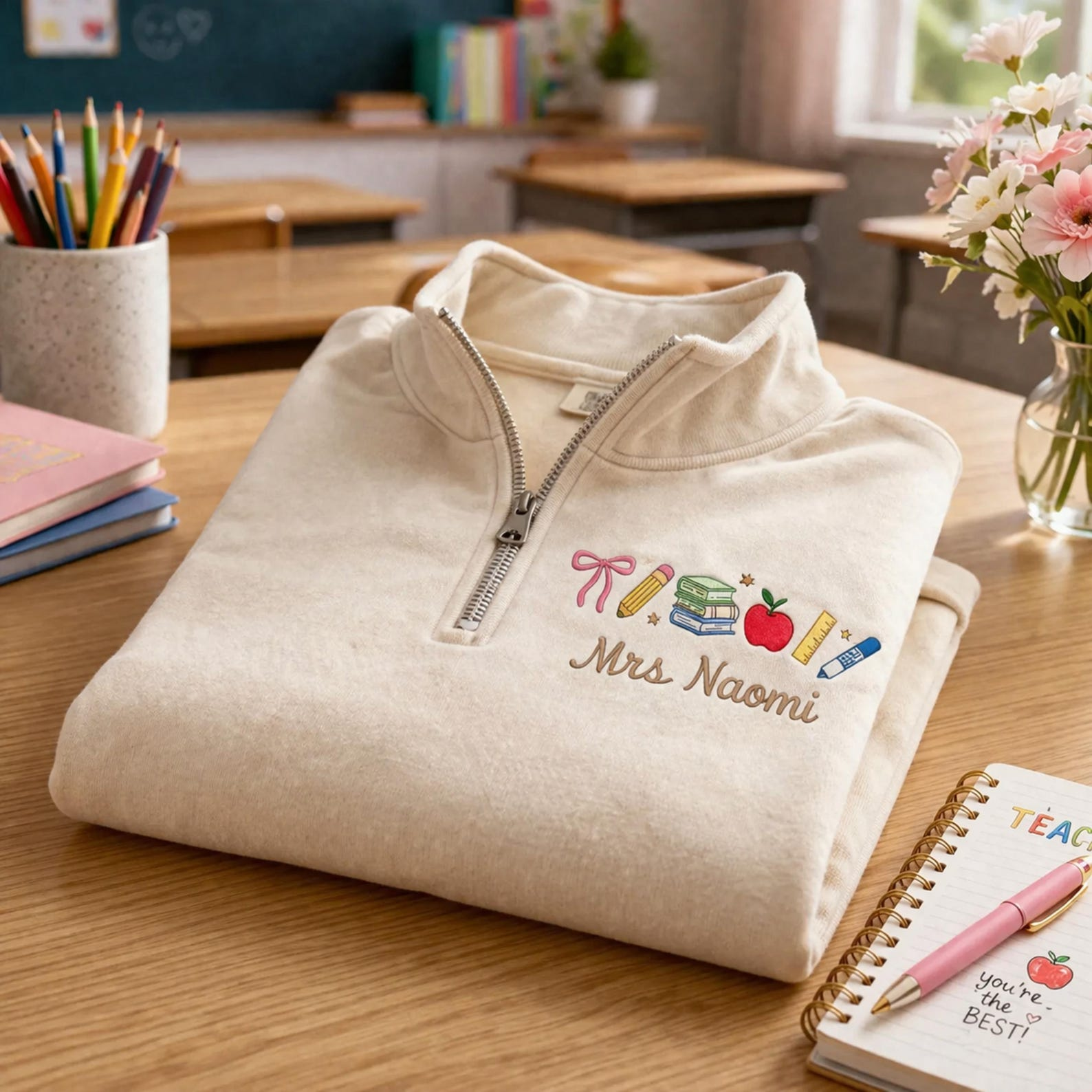 Embroidered Teacher Quarter Zip, Personalized Name Gift, School Appreciation Apparel