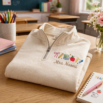 Embroidered Teacher Quarter Zip, Personalized Name Gift, School Appreciation Apparel