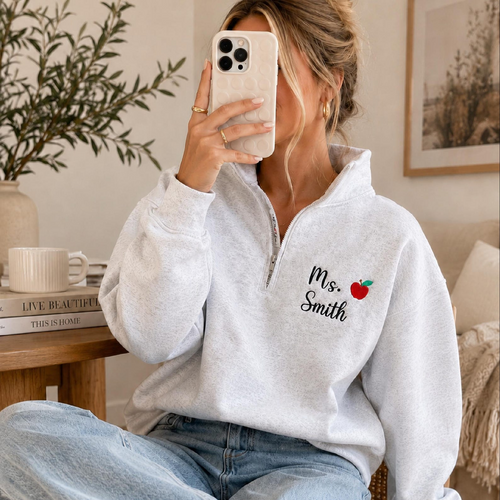 Custom Embroidered Teacher Quarter Zip, Personalized Apple School Staff Pullover