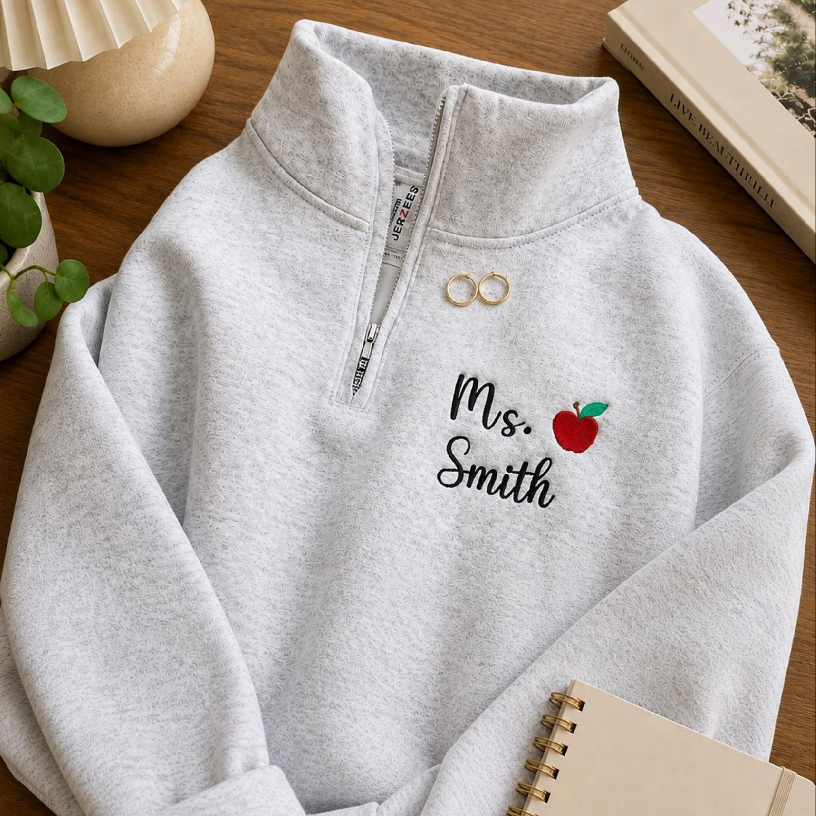 Custom Embroidered Teacher Quarter Zip, Personalized Apple School Staff Pullover