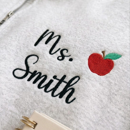 Custom Embroidered Teacher Quarter Zip, Personalized Apple School Staff Pullover