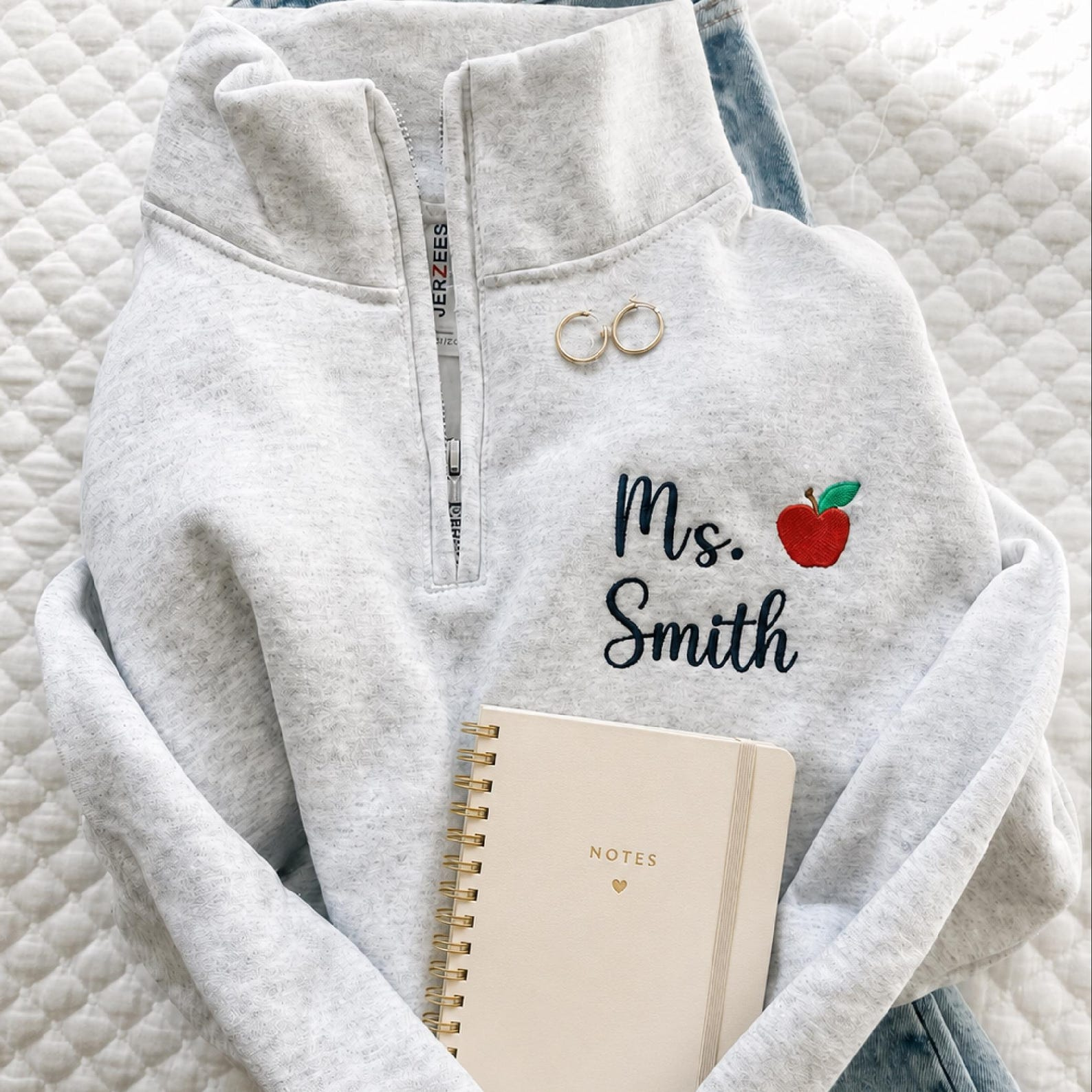 Custom Embroidered Teacher Quarter Zip, Personalized Apple School Staff Pullover
