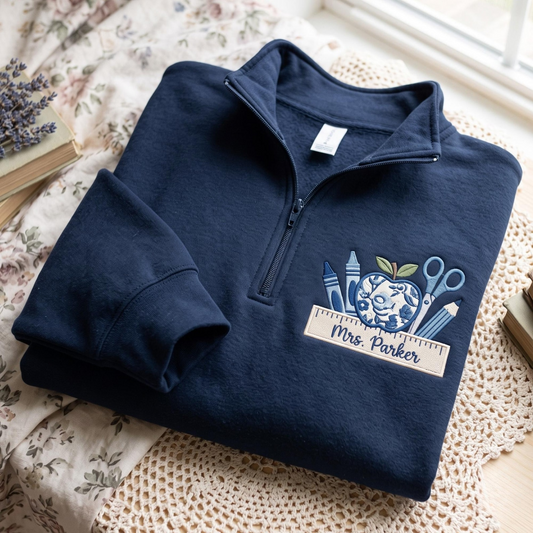 Custom Embroidered Teacher Quarter Zip Sweatshirt, Personalized School Apparel