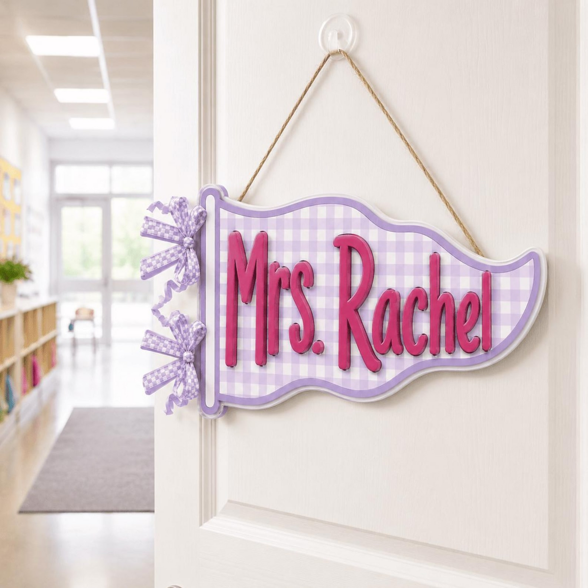 Personalized Teacher Name Sign, Custom Acrylic Classroom Magnet, Teacher Desk Decor, Gingham Pennant Nameplate, Back to School Gift