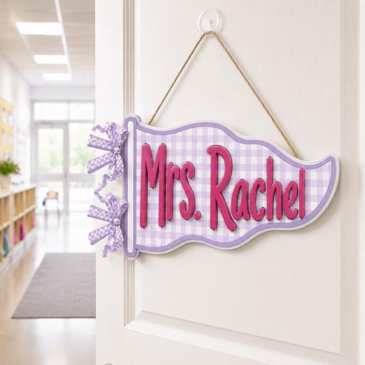 Personalized Teacher Name Sign, Custom Acrylic Classroom Magnet, Teacher Desk Decor, Gingham Pennant Nameplate, Back to School Gift