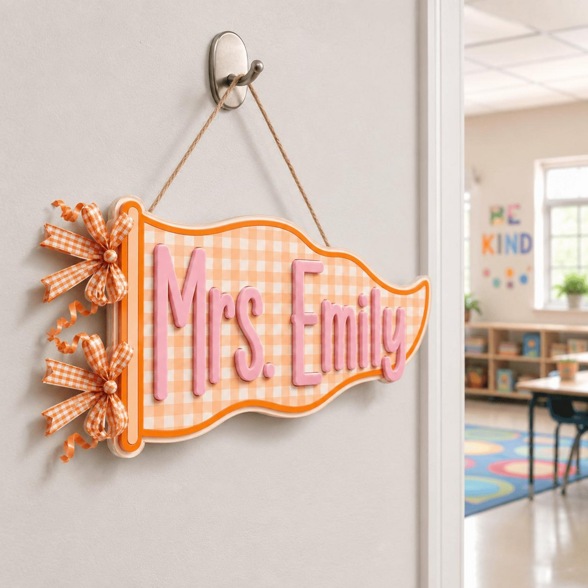 Personalized Teacher Name Sign, Custom Acrylic Classroom Magnet, Teacher Desk Decor, Gingham Pennant Nameplate, Back to School Gift