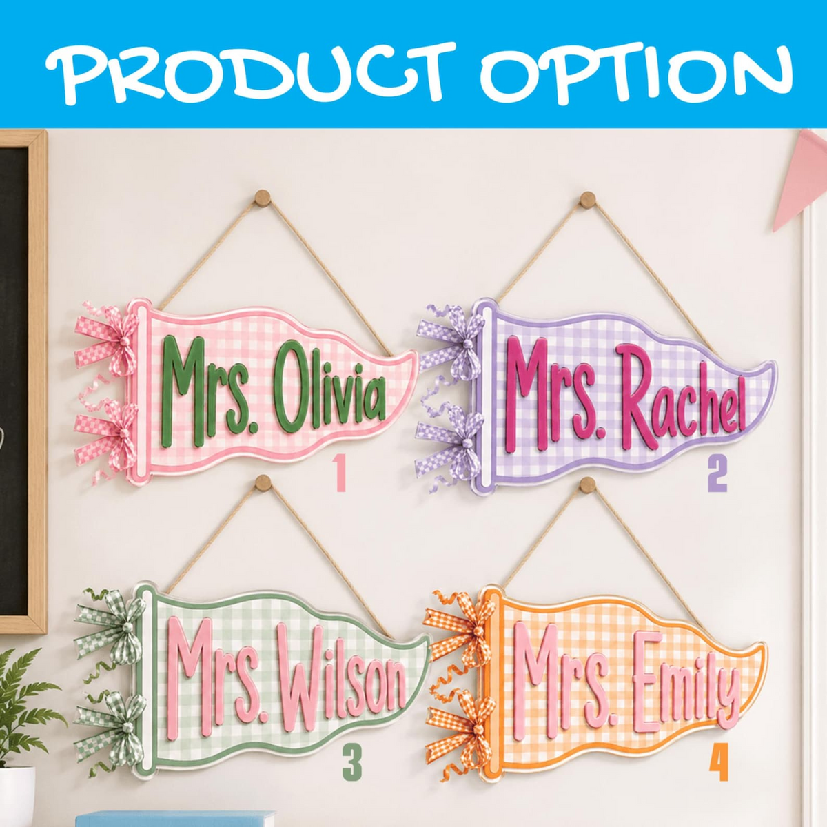 Personalized Teacher Name Sign, Custom Acrylic Classroom Magnet, Teacher Desk Decor, Gingham Pennant Nameplate, Back to School Gift