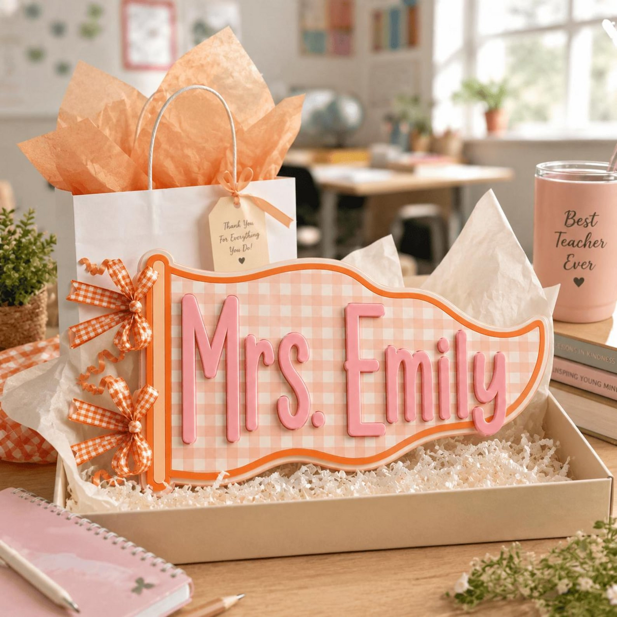 Personalized Teacher Name Sign, Custom Acrylic Classroom Magnet, Teacher Desk Decor, Gingham Pennant Nameplate, Back to School Gift