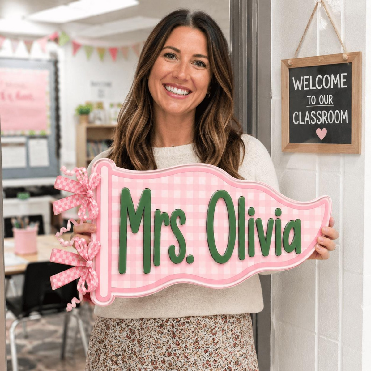 Personalized Teacher Name Sign, Custom Acrylic Classroom Magnet, Teacher Desk Decor, Gingham Pennant Nameplate, Back to School Gift