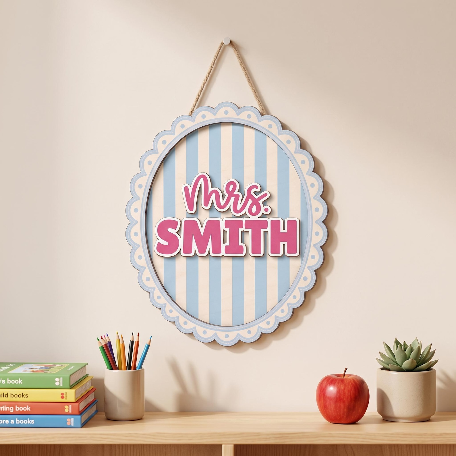 Personalized Teacher Name Sign, Custom Acrylic Classroom Magnet, Teacher Desk Decor, Gingham Pennant Nameplate, Back to School Gift