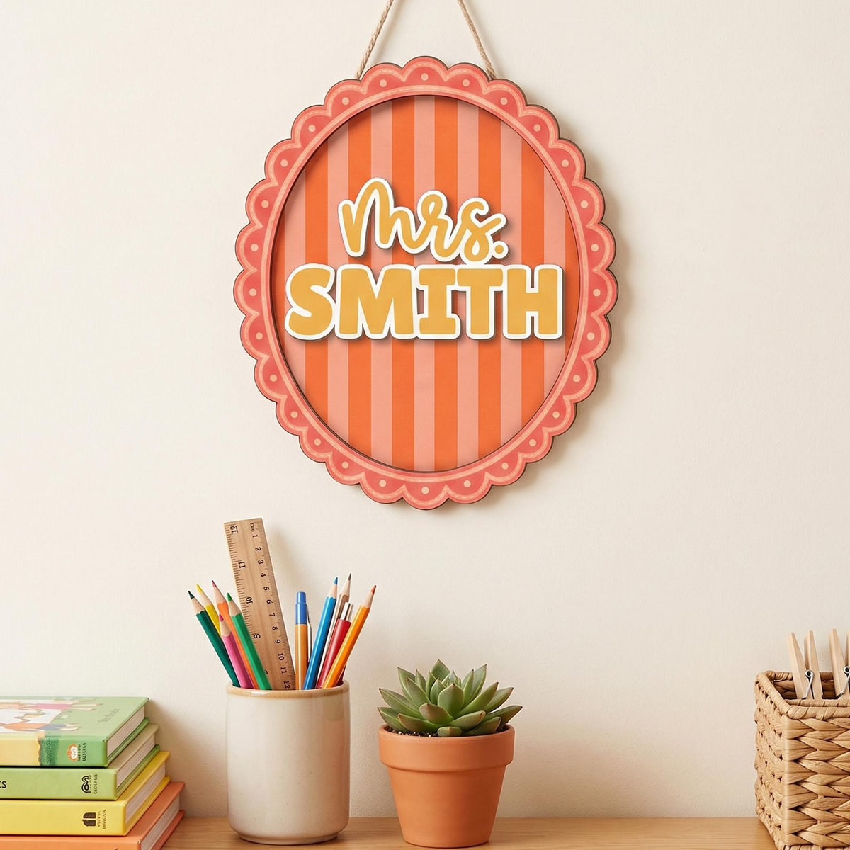 Personalized Teacher Name Sign, Custom Acrylic Classroom Magnet, Teacher Desk Decor, Gingham Pennant Nameplate, Back to School Gift