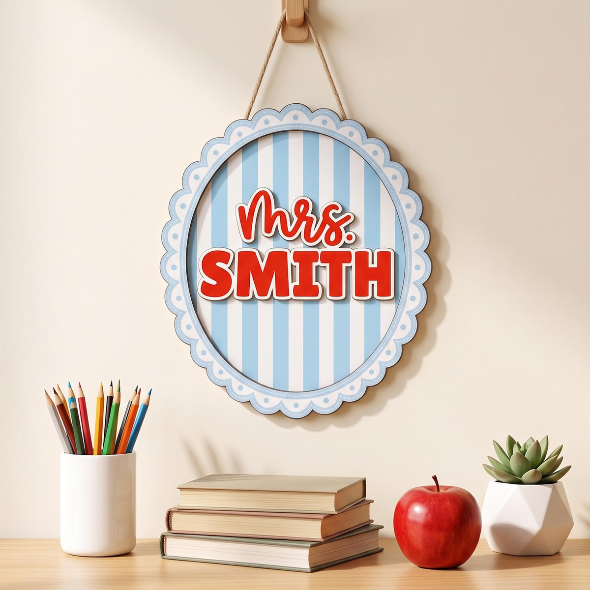 Personalized Teacher Name Sign, Custom Acrylic Classroom Magnet, Teacher Desk Decor, Gingham Pennant Nameplate, Back to School Gift