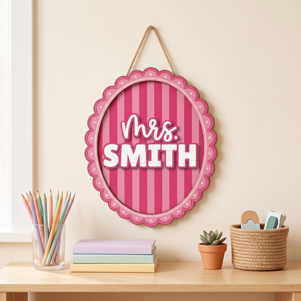 Personalized Teacher Name Sign, Custom Acrylic Classroom Magnet, Teacher Desk Decor, Gingham Pennant Nameplate, Back to School Gift