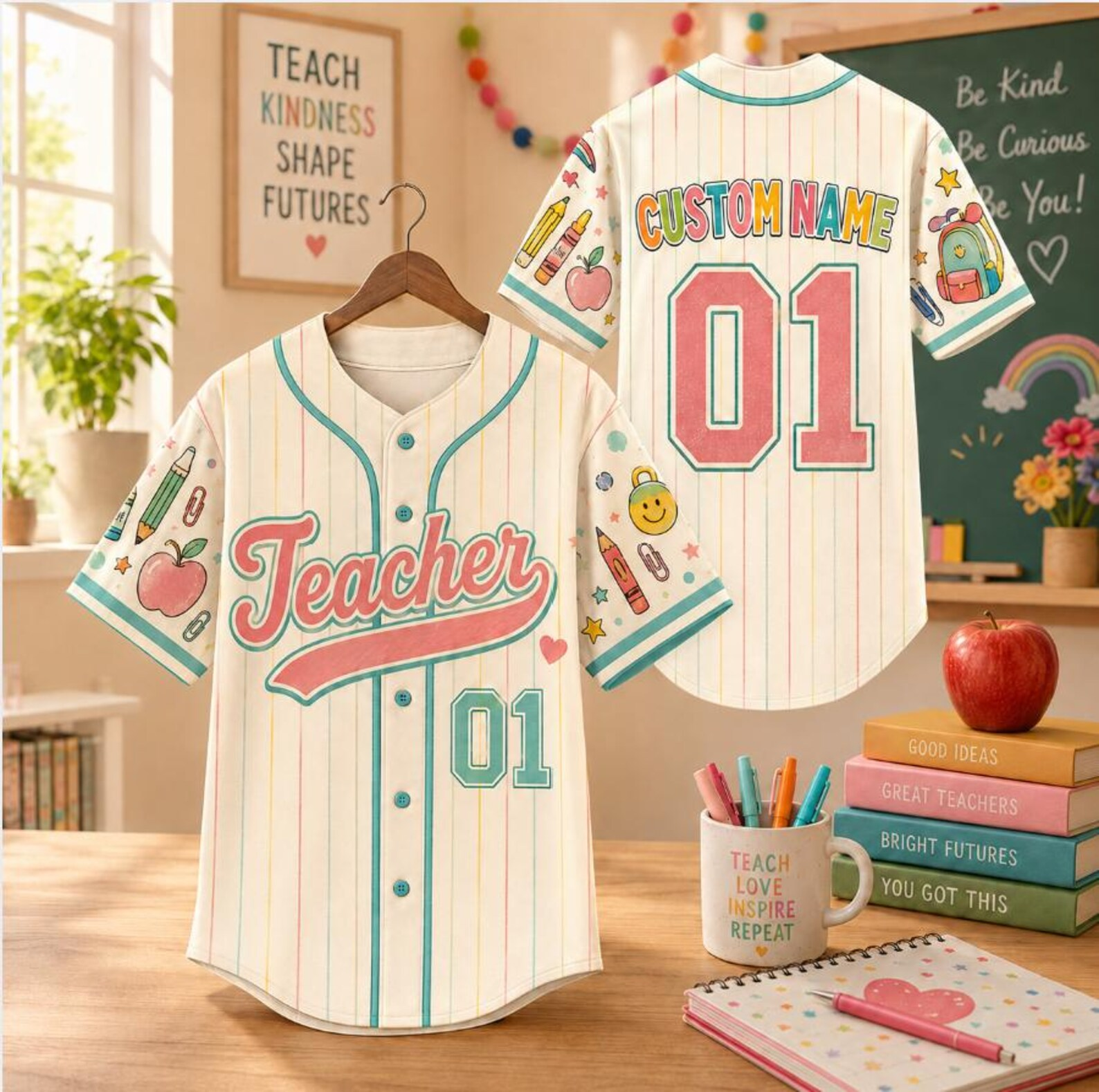 Custom Teacher Baseball Jersey, Personalized Name Number Vintage Pinstripe Shirt, Back to School Teacher Outfit, Cute Teacher Gift Idea