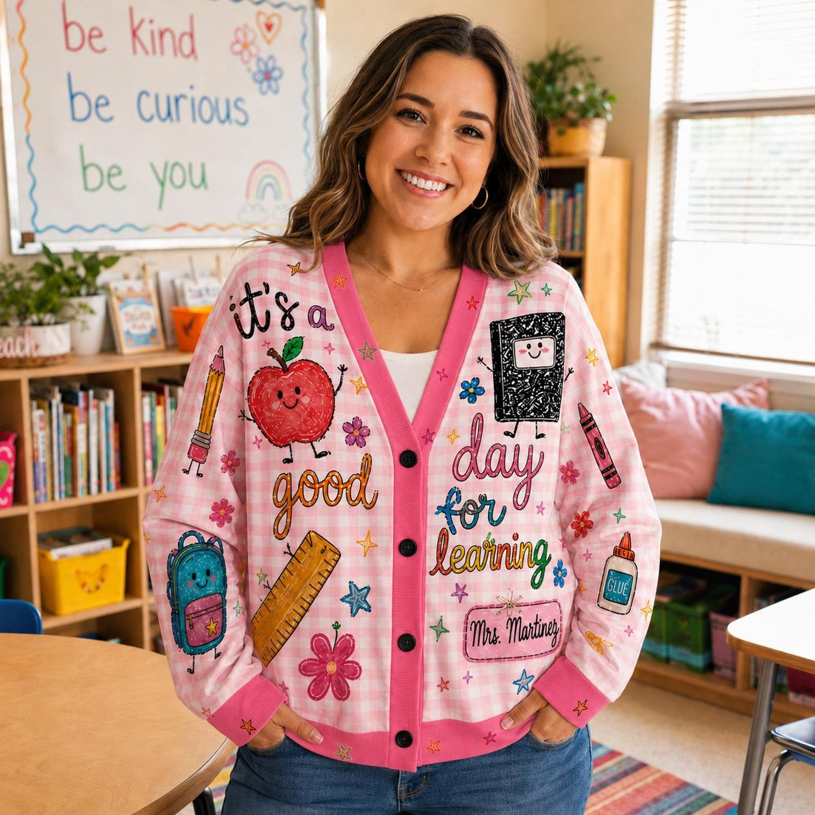 Cardigan pull personnalisé pour enseignant(e), Cardigan tricoté avec nom d'enseignant(e) personnalisé, Cadeau d'enseignant(e) pour la rentrée scolaire, Joli vêtement de classe. Chemise d'enseignant(e)