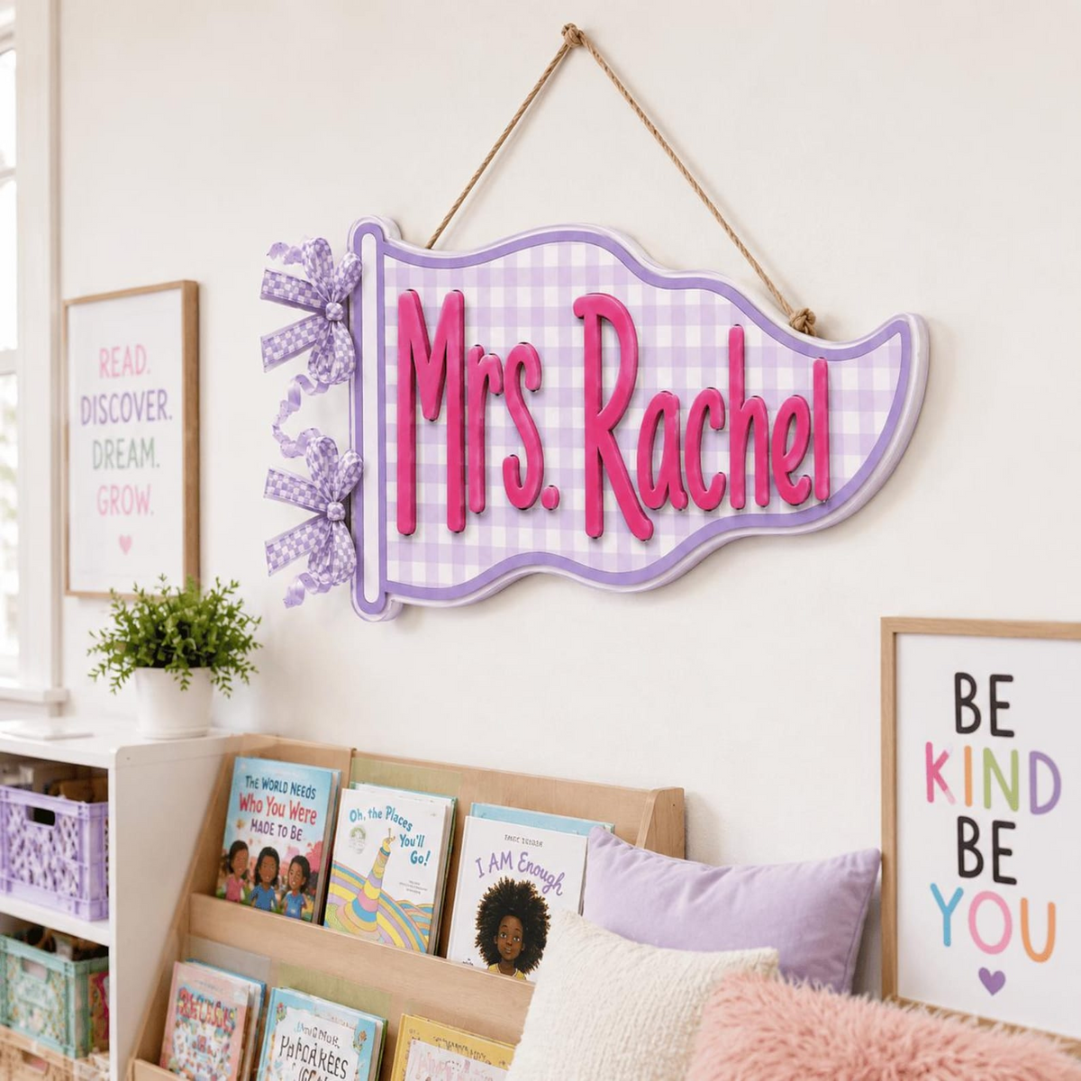 Personalized Teacher Name Sign, Custom Acrylic Classroom Magnet, Teacher Desk Decor, Gingham Pennant Nameplate, Back to School Gift