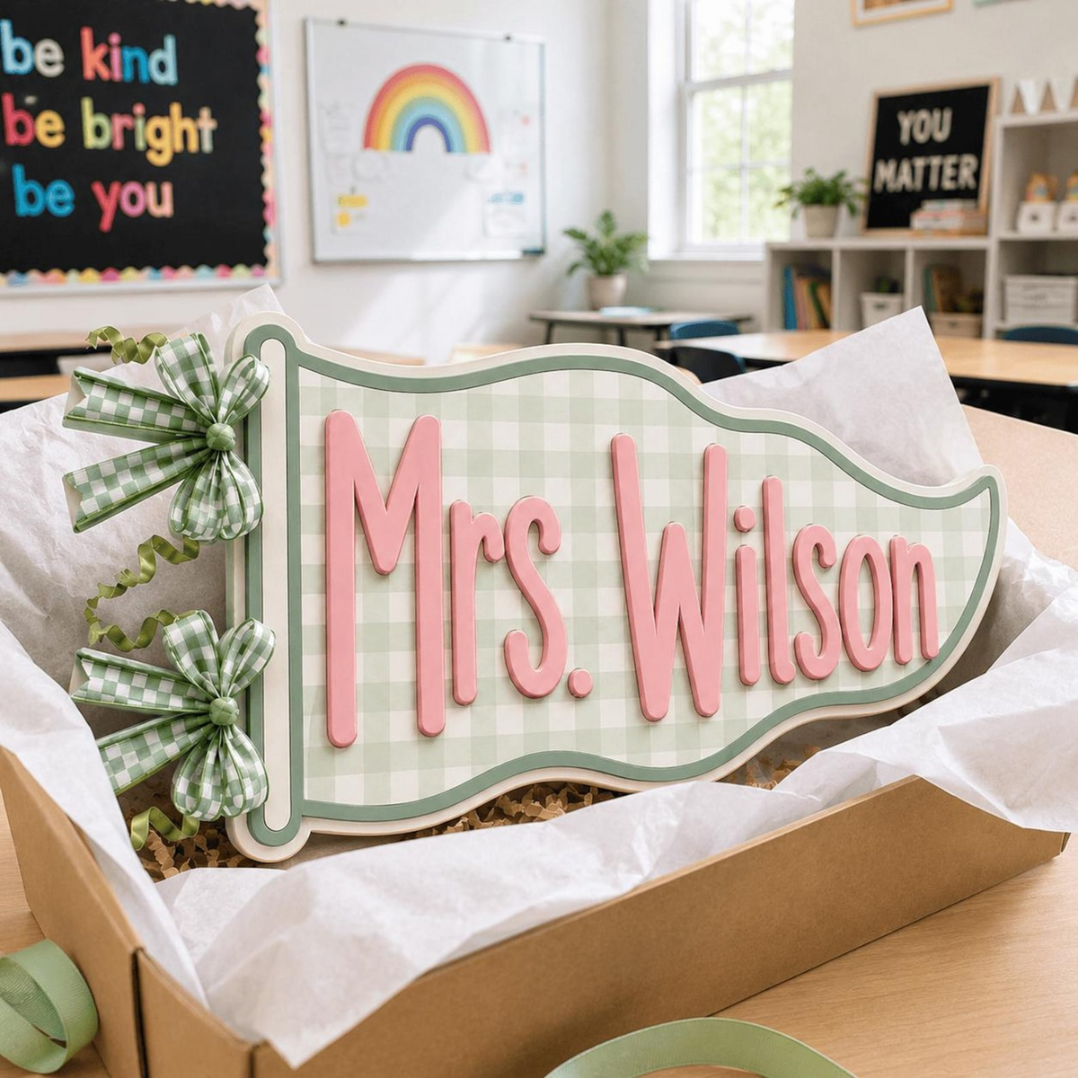 Personalized Teacher Name Sign, Custom Acrylic Classroom Magnet, Teacher Desk Decor, Gingham Pennant Nameplate, Back to School Gift