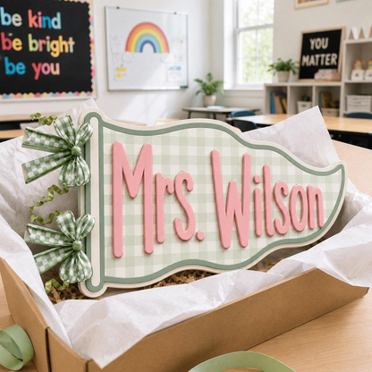 Personalized Teacher Name Sign, Custom Acrylic Classroom Magnet, Teacher Desk Decor, Gingham Pennant Nameplate, Back to School Gift