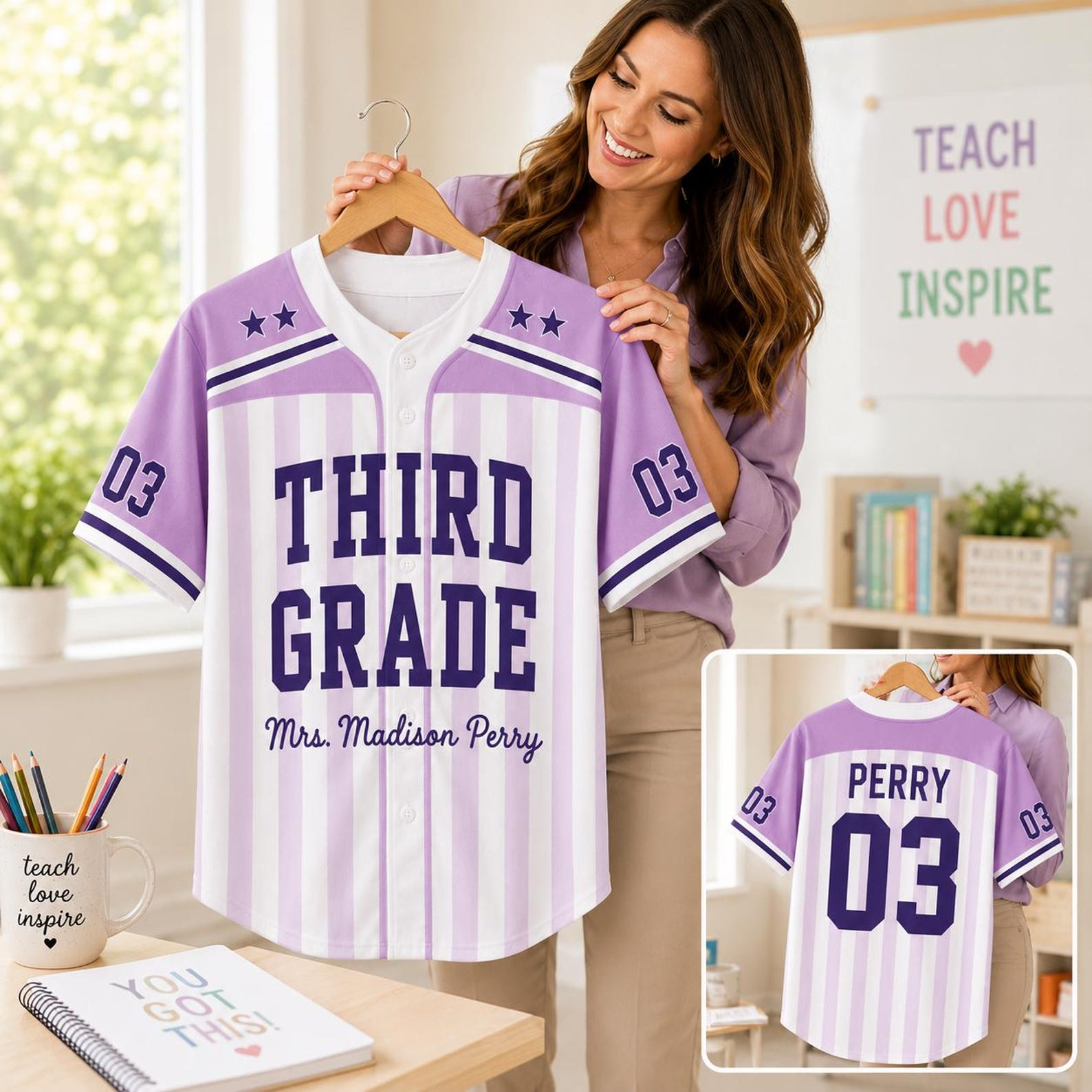 Personalized Teacher Baseball Jersey, Custom Name Number Jersey, First Grade Teacher Shirt, Back To School Gift, Teacher Team Game Day Tee