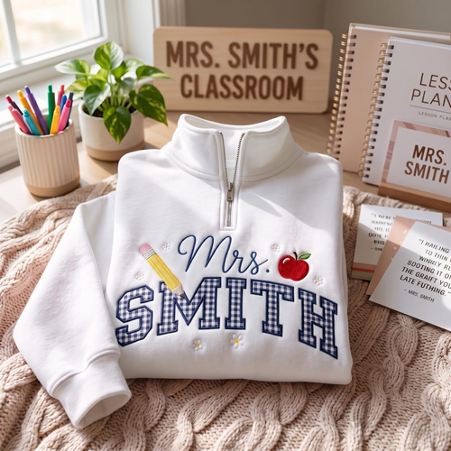 Embroidered Personalized Gingham Teacher Quarter Zip Sweatshirt, Elementary Teacher Shirt, Teacher Name Shirt, Teacher Appreciation Gift