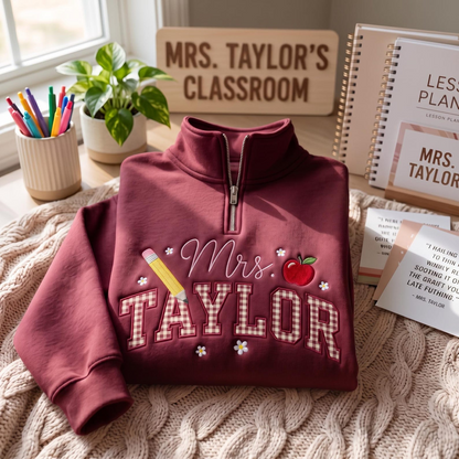 Embroidered Personalized Gingham Teacher Quarter Zip Sweatshirt, Elementary Teacher Shirt, Teacher Name Shirt, Teacher Appreciation Gift