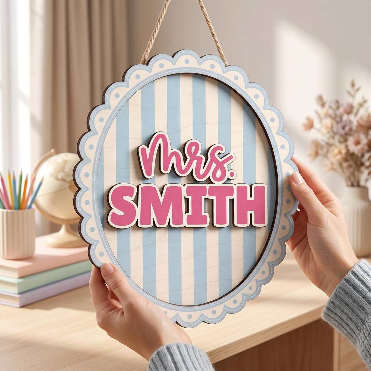 Personalized Teacher Name Sign, Custom Acrylic Classroom Magnet, Teacher Desk Decor, Gingham Pennant Nameplate, Back to School Gift