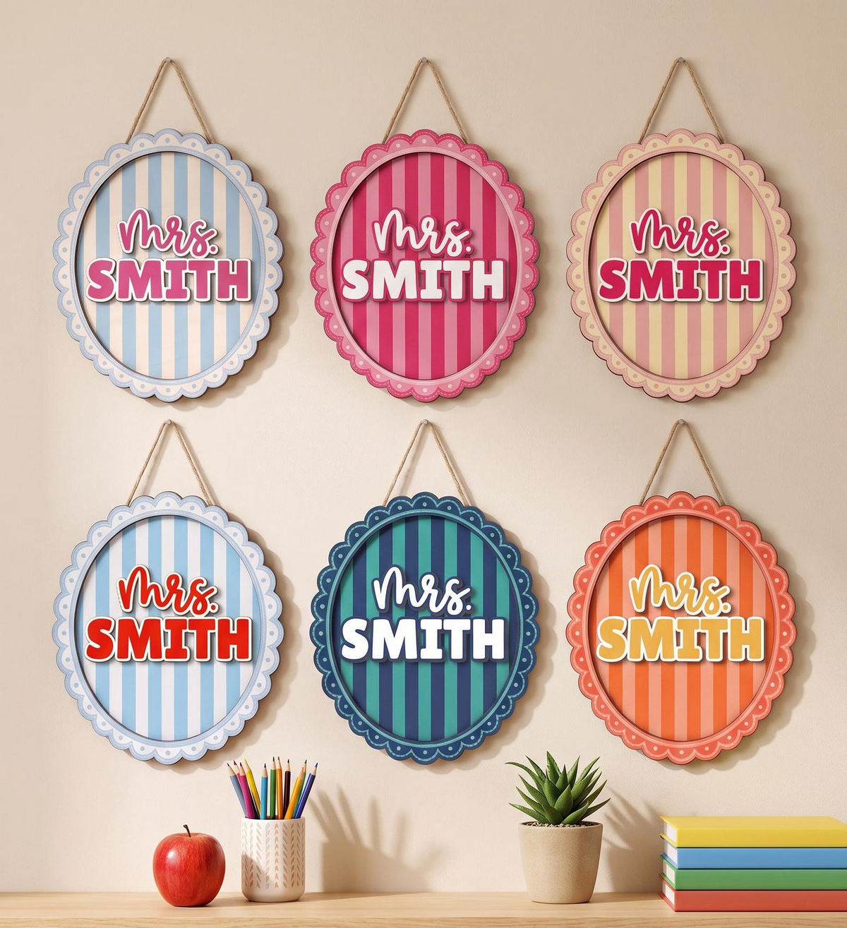 Personalized Teacher Name Sign, Custom Acrylic Classroom Magnet, Teacher Desk Decor, Gingham Pennant Nameplate, Back to School Gift