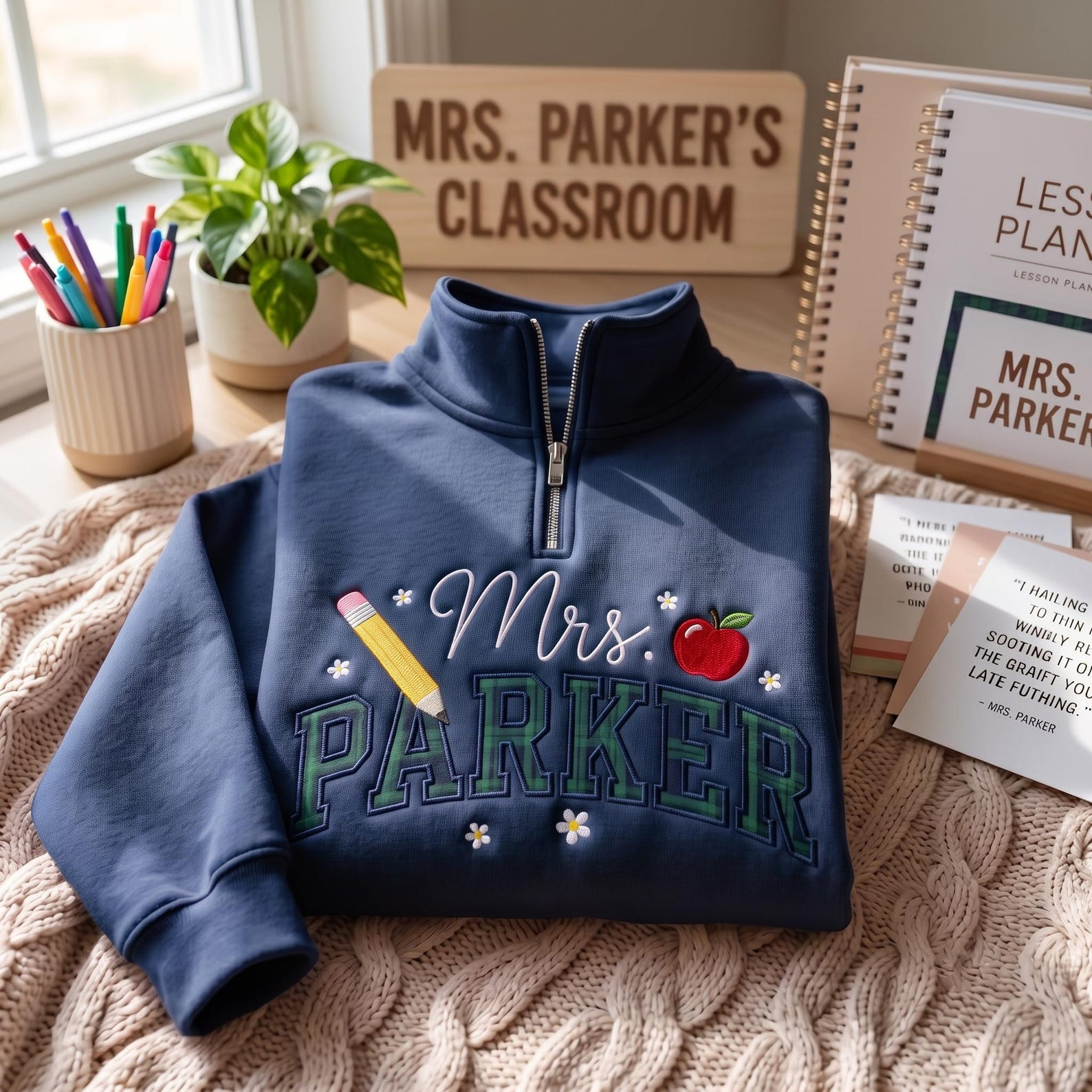 Embroidered Personalized Gingham Teacher Quarter Zip Sweatshirt, Elementary Teacher Shirt, Teacher Name Shirt, Teacher Appreciation Gift