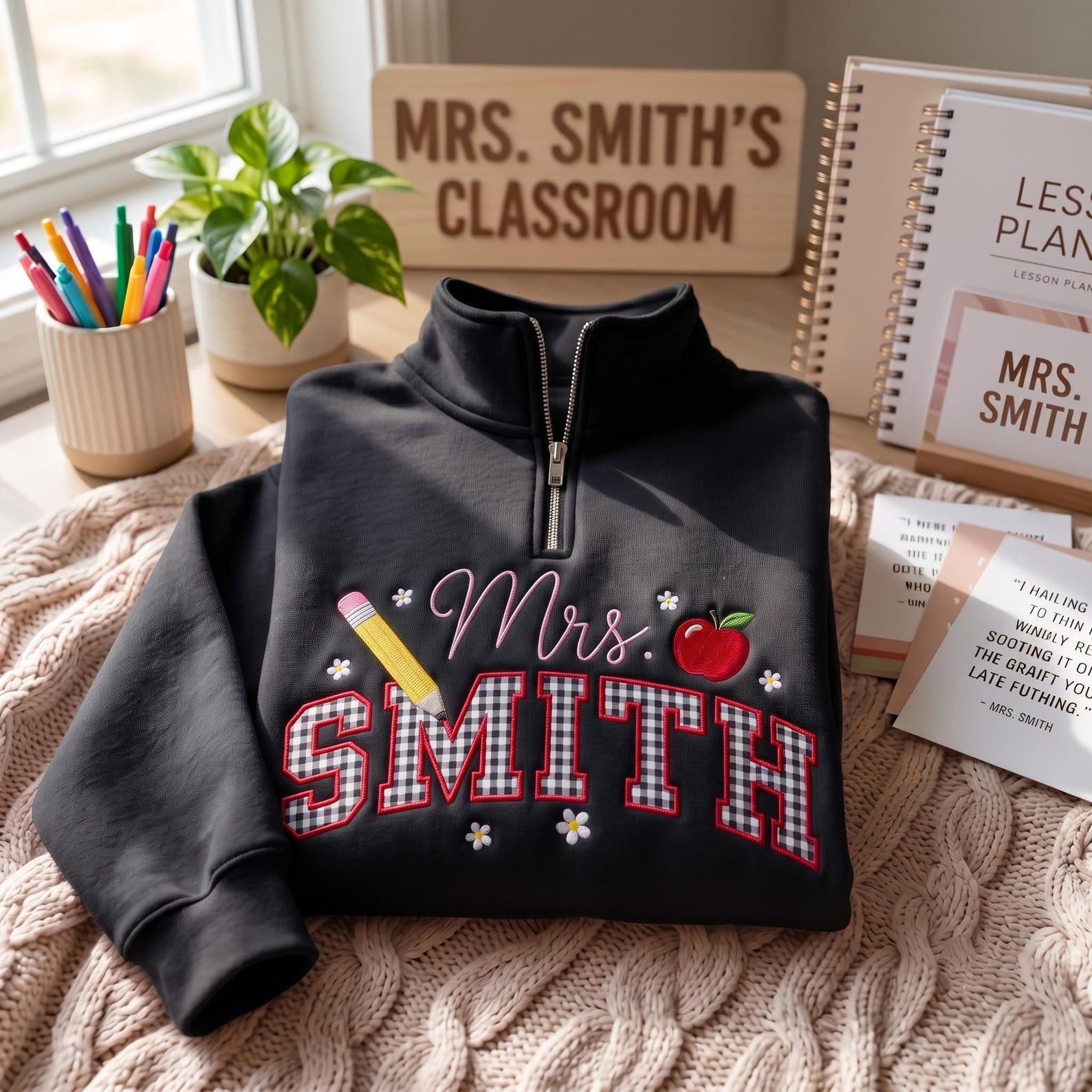 Embroidered Personalized Gingham Teacher Quarter Zip Sweatshirt, Elementary Teacher Shirt, Teacher Name Shirt, Teacher Appreciation Gift