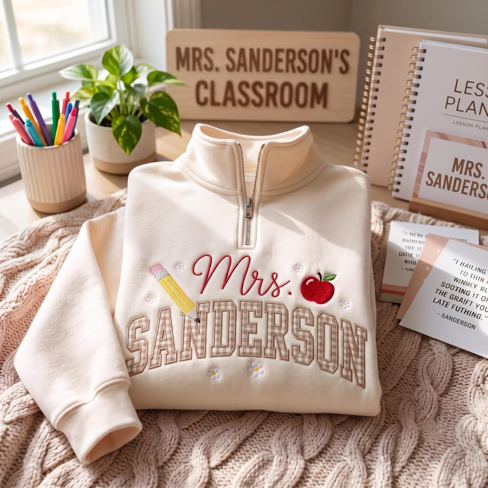 Embroidered Personalized Gingham Teacher Quarter Zip Sweatshirt, Elementary Teacher Shirt, Teacher Name Shirt, Teacher Appreciation Gift