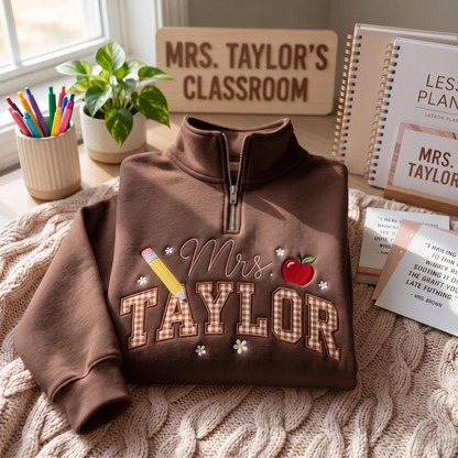 Embroidered Personalized Gingham Teacher Quarter Zip Sweatshirt, Elementary Teacher Shirt, Teacher Name Shirt, Teacher Appreciation Gift