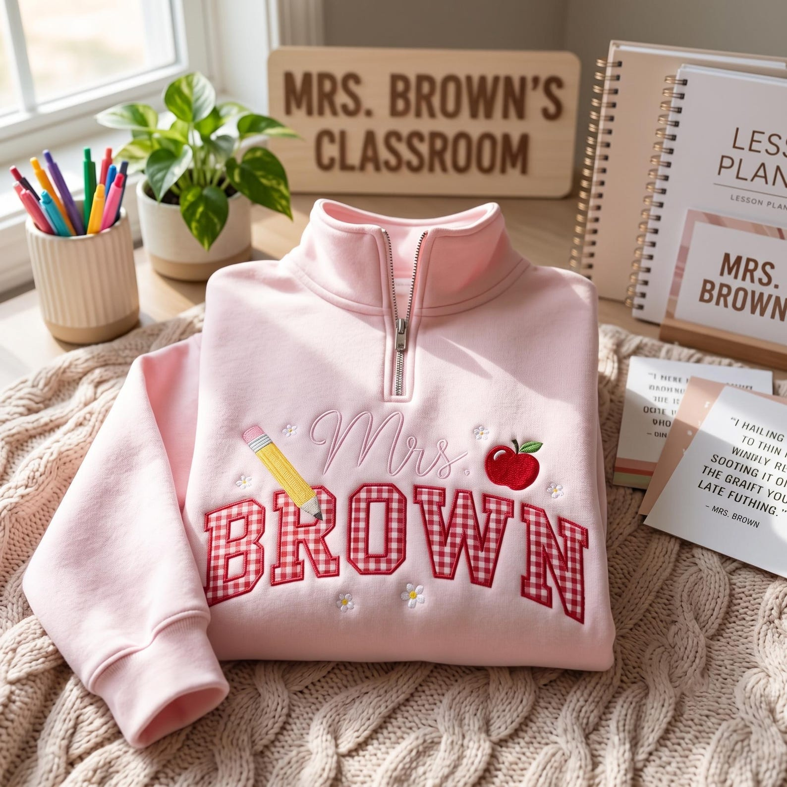 Embroidered Personalized Gingham Teacher Quarter Zip Sweatshirt, Elementary Teacher Shirt, Teacher Name Shirt, Teacher Appreciation Gift