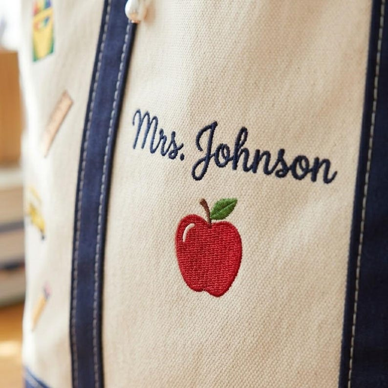 Personalized Teacher Tote Bag, Embroidered School Icons Canvas Bag, Custom Name Teacher Appreciation Gift, Back to School Gift