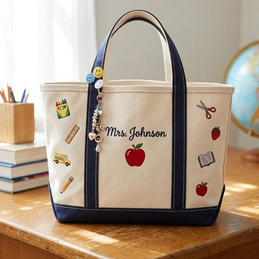 Personalized Teacher Tote Bag, Embroidered School Icons Canvas Bag, Custom Name Teacher Appreciation Gift, Back to School Gift