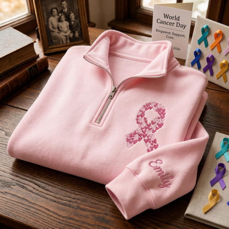 Embroidered Breast Cancer Awareness Quarter-Zip Sweatshirt: Ribbon Gift
