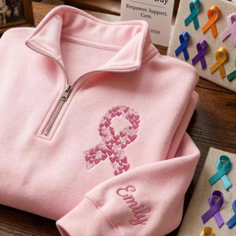 Embroidered Breast Cancer Awareness Quarter-Zip Sweatshirt: Ribbon Gift