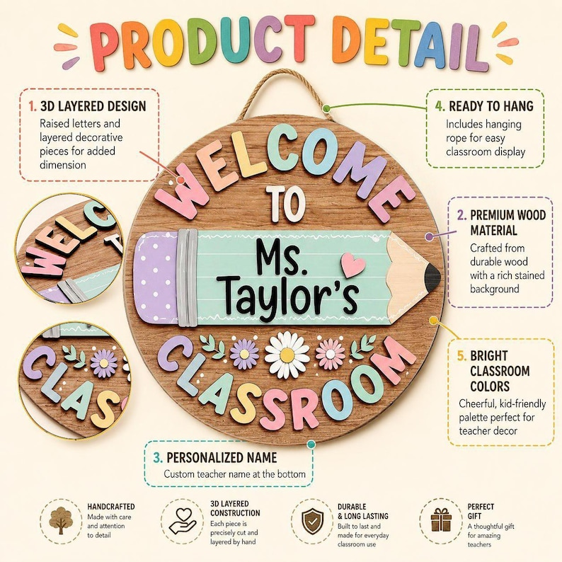 Custom 3D Teacher Door Hanger, Personalized Floral Classroom Door Sign, Teacher Name Sign, Classroom Decor, Teacher Appreciation Gift