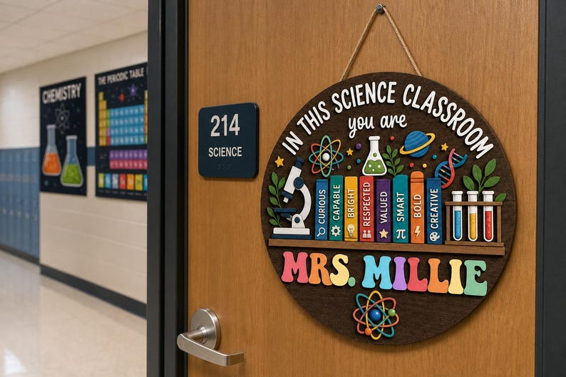 Personalized Science Teacher Wooden Sign: Custom Name Door Hanger