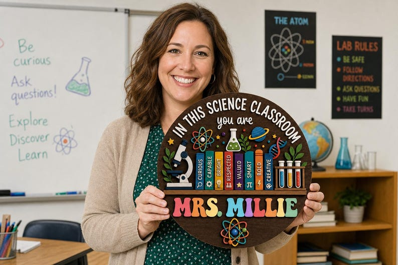 Personalized Science Teacher Wooden Sign: Custom Name Door Hanger