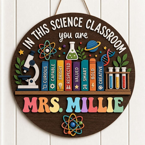 Personalized Science Teacher Wooden Sign: Custom Name Door Hanger
