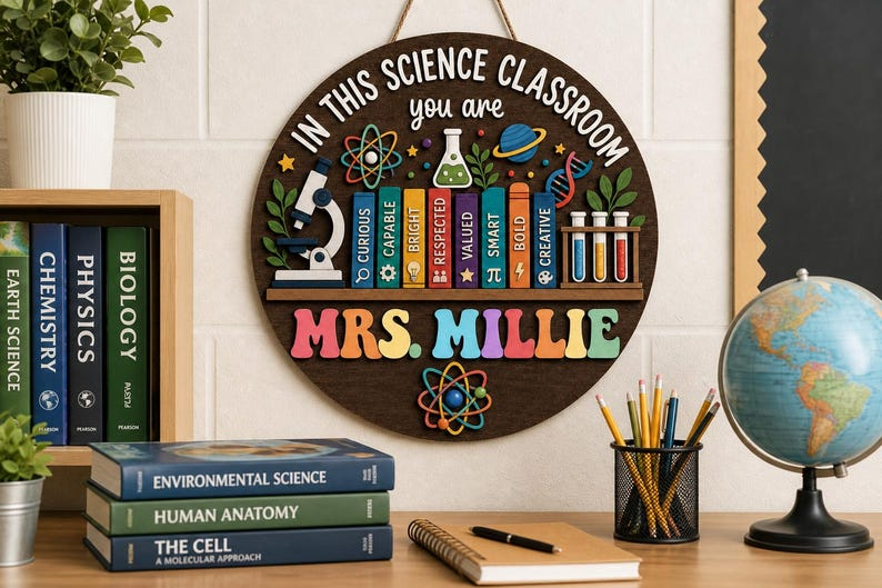 Personalized Science Teacher Wooden Sign: Custom Name Door Hanger
