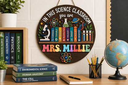 Personalized Science Teacher Wooden Sign: Custom Name Door Hanger