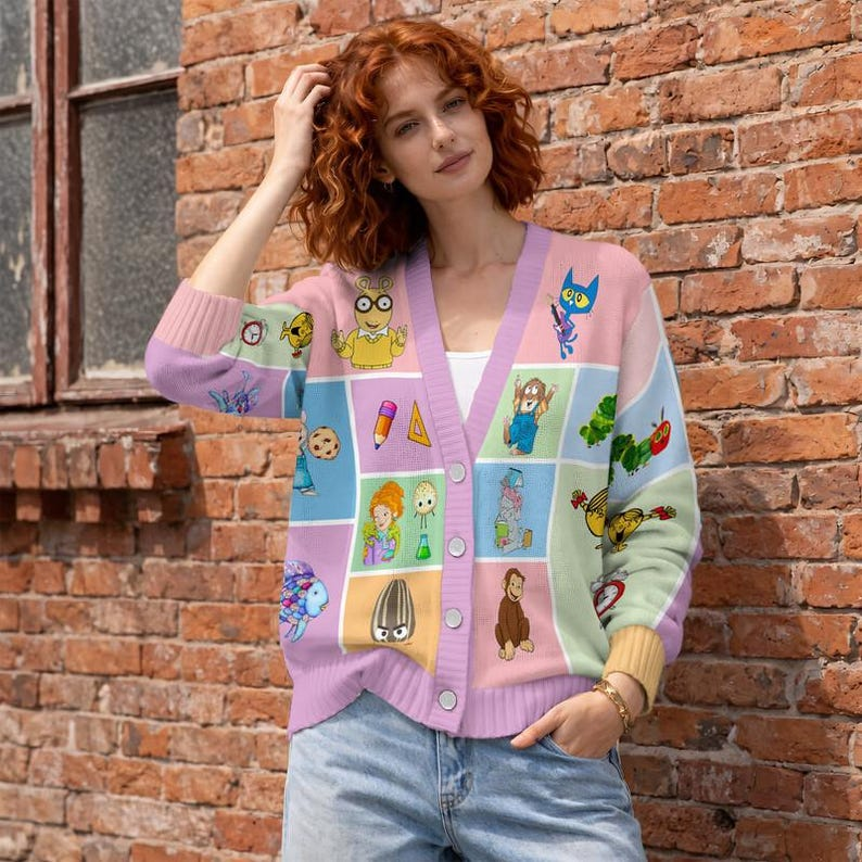 Children's Book Character Cardigan, Reading Teacher Knitted Cardigan, Book Character School Button Up Cardigan, Cute Elementary Teacher Gift