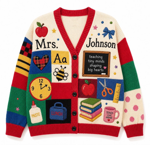 Personalized Teacher Name Knitted Cardigan: School Teacher Cardigan, Teacher Appreciation Gift, School Supplies Print Cardigan, Teacher Gift