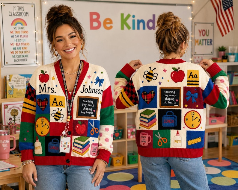 Personalized Teacher Name Knitted Cardigan: School Teacher Cardigan, Teacher Appreciation Gift, School Supplies Print Cardigan, Teacher Gift