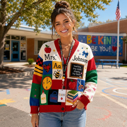 Personalized Teacher Name Knitted Cardigan: School Teacher Cardigan, Teacher Appreciation Gift, School Supplies Print Cardigan, Teacher Gift