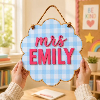 Pancarte de porte personnalisée pour professeur, suspension de porte de classe vichy personnalisée, plaque nominative en bois, cadeau de rentrée des classes pour enseignant