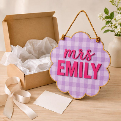 Pancarte de porte personnalisée pour professeur, suspension de porte de classe vichy personnalisée, plaque nominative en bois, cadeau de rentrée des classes pour enseignant